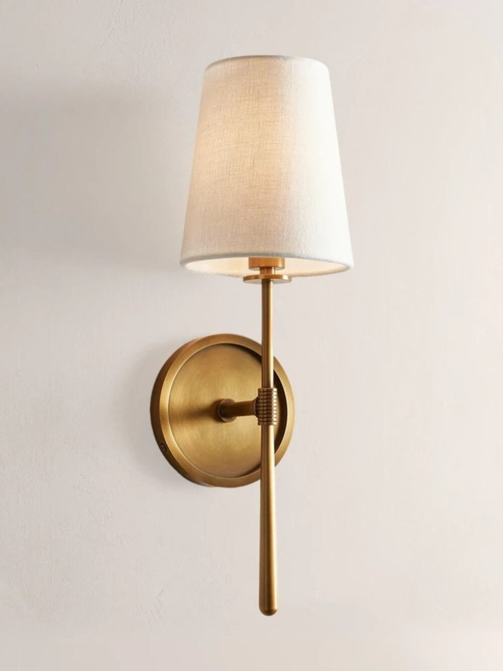 Rhodes Brass Wall Sconce with White Linen Fabric Shade